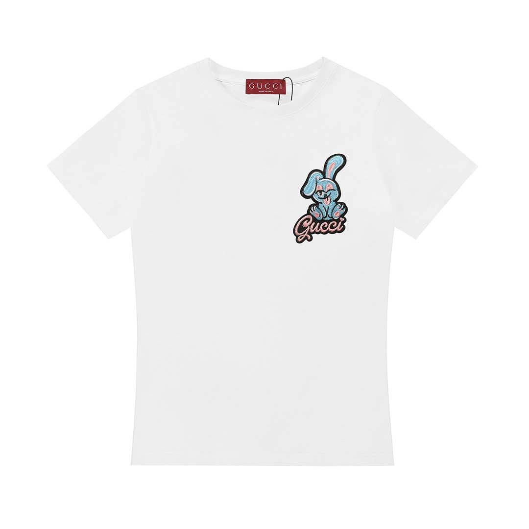 (Mujer) Gucci 古驰 2025 nueva colección logo de conejo bordado hombros rectos cintura ajustada camiseta de manga corta ·a…
