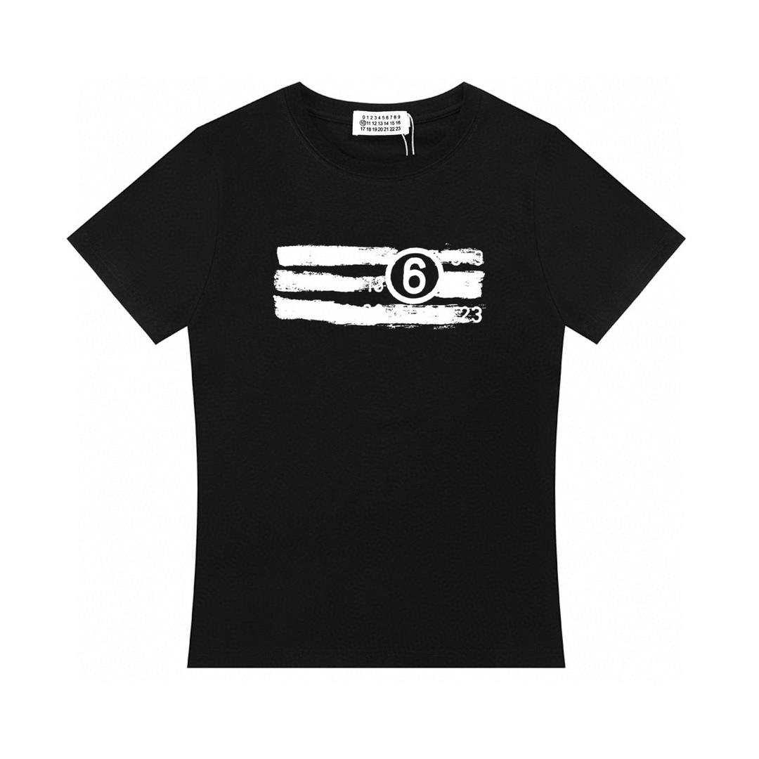 (Mujer) Camiseta de manga corta de Maison Margiela MM6 2025 nueva con logo de estampado digital, hombros rectos, cintur…