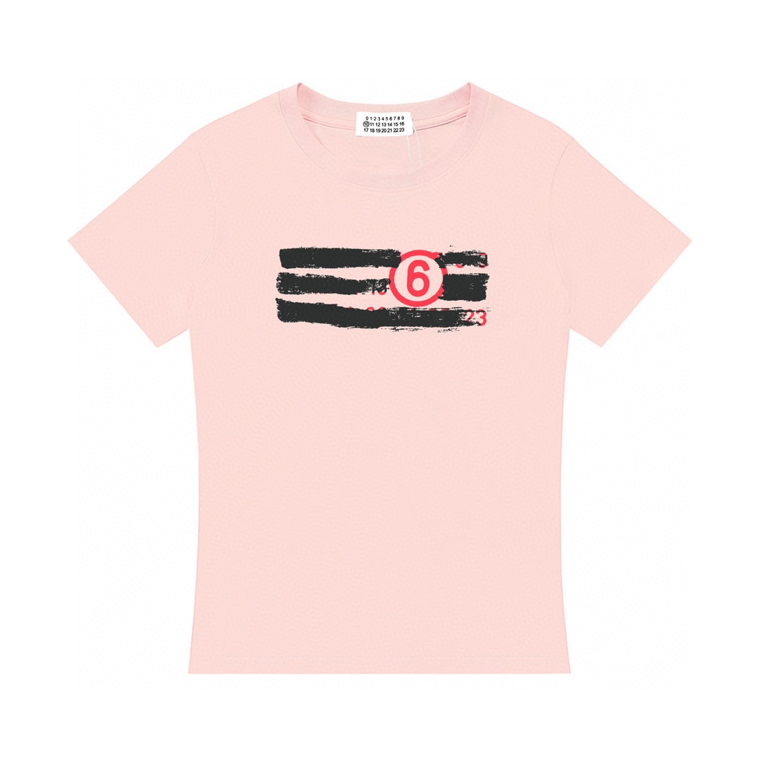 (Mujer) Camiseta de manga corta de Maison Margiela MM6 2025 nueva con logo de estampado digital, hombros rectos, cintur…