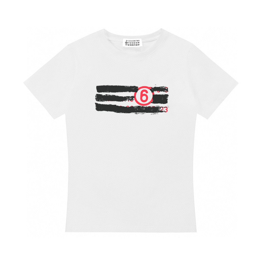 (Mujer) Camiseta de manga corta de Maison Margiela MM6 2025 nueva con logo de estampado digital, hombros rectos, cintur…