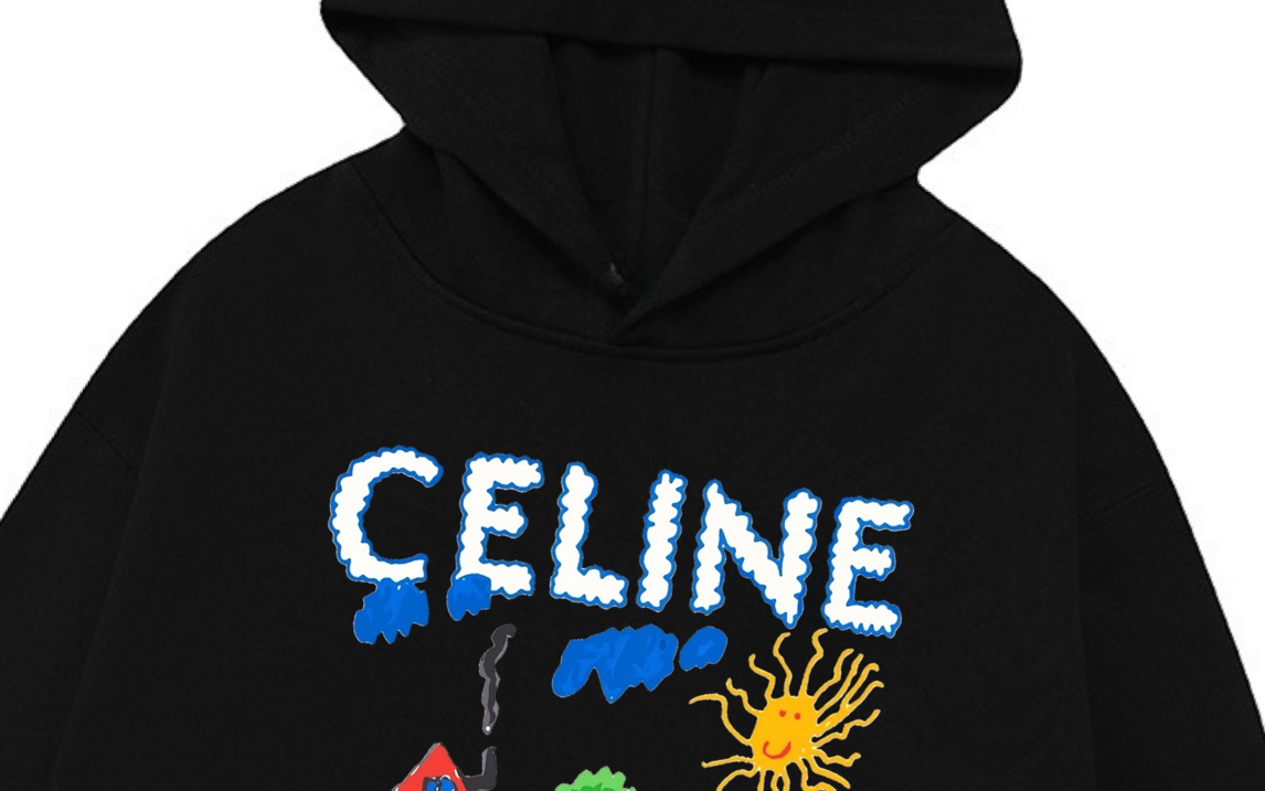 p140 Celine 赛琳 2025新款 数码喷印村落字母logo 落肩OS版型 袋鼠口袋 男女同款 连帽卫衣
·定制430克重毛圈面料
·领标吊牌主唛三标齐全
颜色：黑色
尺码：XS S M L
