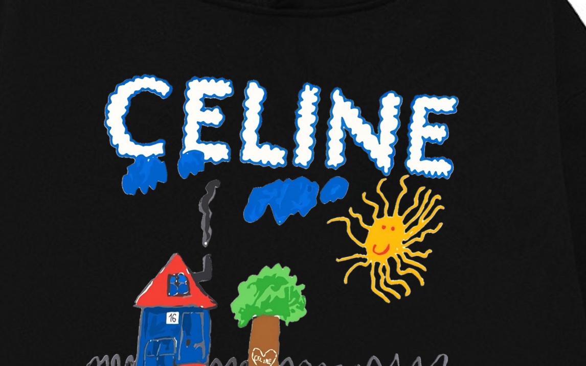 p140 Celine 赛琳 2025新款 数码喷印村落字母logo 落肩OS版型 袋鼠口袋 男女同款 连帽卫衣
·定制430克重毛圈面料
·领标吊牌主唛三标齐全
颜色：黑色
尺码：XS S M L
