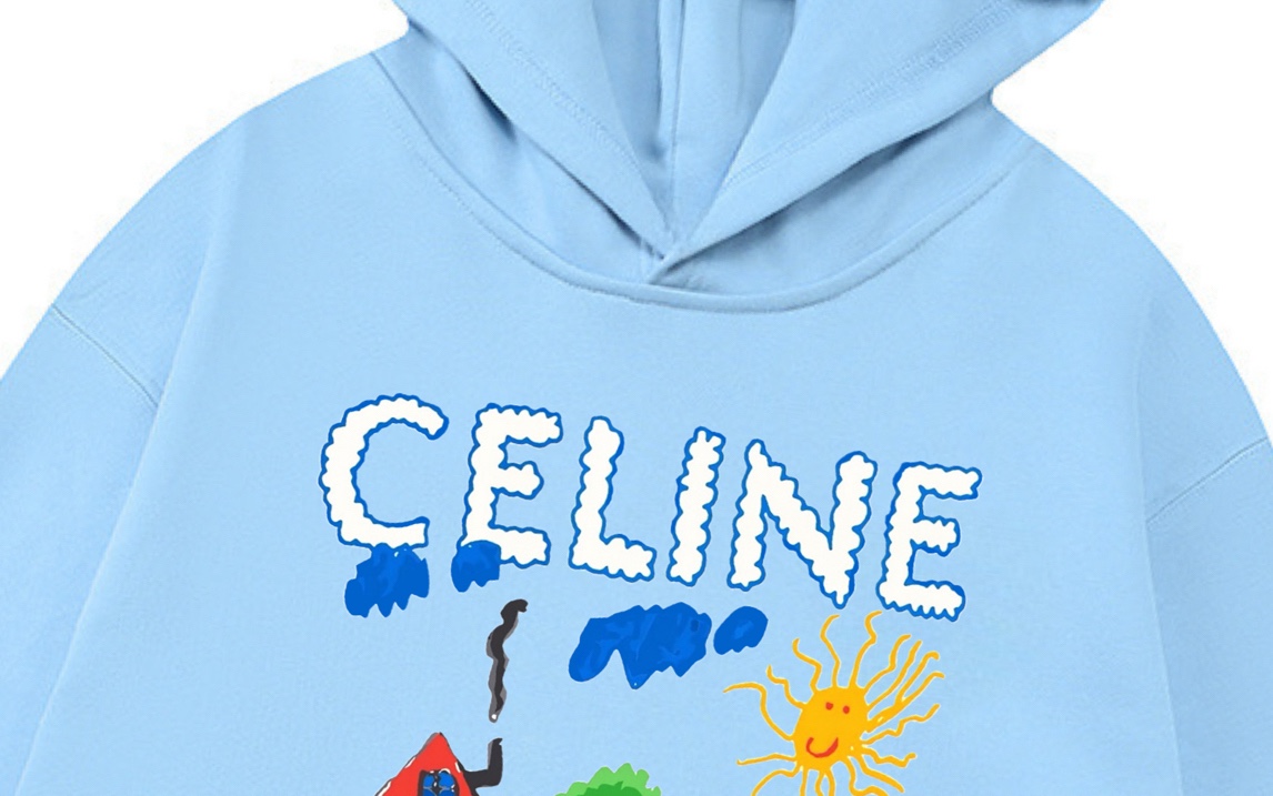 p140 Celine 赛琳 2025新款 数码喷印村落字母logo 落肩OS版型 袋鼠口袋 男女同款 连帽卫衣
·定制430克重毛圈面料
·领标吊牌主唛三标齐全
颜色：蓝色
尺码：XS S M L