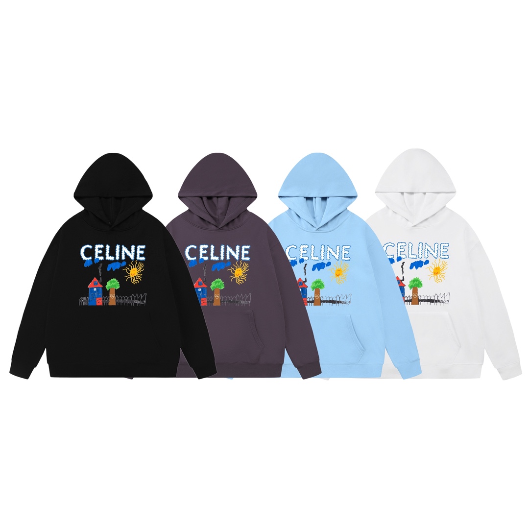 p140 Celine 赛琳 2025新款 数码喷印村落字母logo 落肩OS版型 袋鼠口袋 男女同款 连帽卫衣
·定制430克重毛圈面料
·领标吊牌主唛三标齐全
颜色：蓝色
尺码：XS S M L