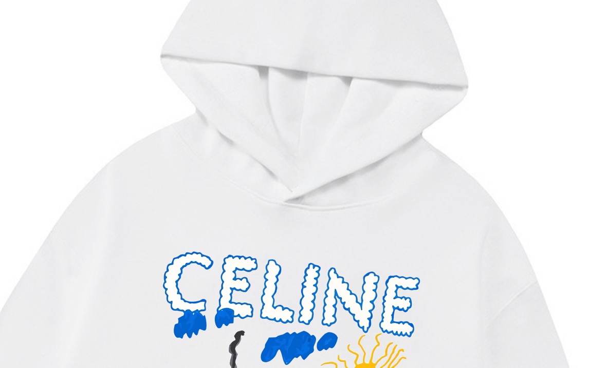p140 Celine 赛琳 2025新款 数码喷印村落字母logo 落肩OS版型 袋鼠口袋 男女同款 连帽卫衣
·定制430克重毛圈面料
·领标吊牌主唛三标齐全
颜色：白色
尺码：XS S M L