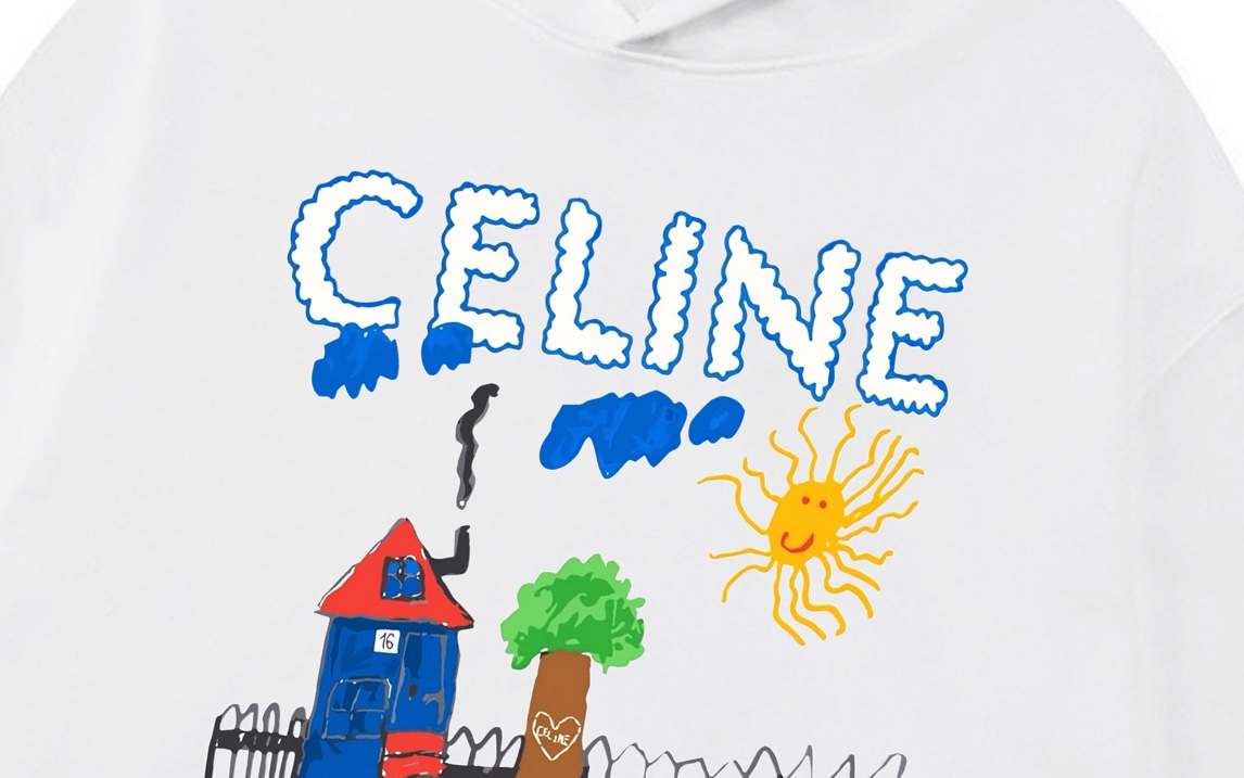 p140 Celine 赛琳 2025新款 数码喷印村落字母logo 落肩OS版型 袋鼠口袋 男女同款 连帽卫衣
·定制430克重毛圈面料
·领标吊牌主唛三标齐全
颜色：白色
尺码：XS S M L