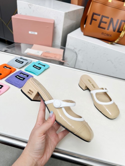 Miu Miu Women's Patent Leather Block Heel Mary Jane Mules in Beige 1 Miu Miu Women’s Patent Leather Block Heel Mary Jane Mules in Beige