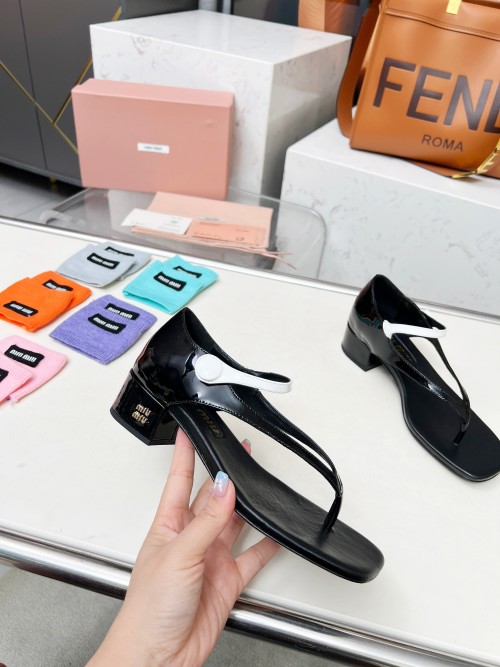 Miu Miu Patent Leather Thong Sandals with Block Heel - Black and White 1 Miu Miu Patent Leather Thong Sandals with Block Heel – Black and White