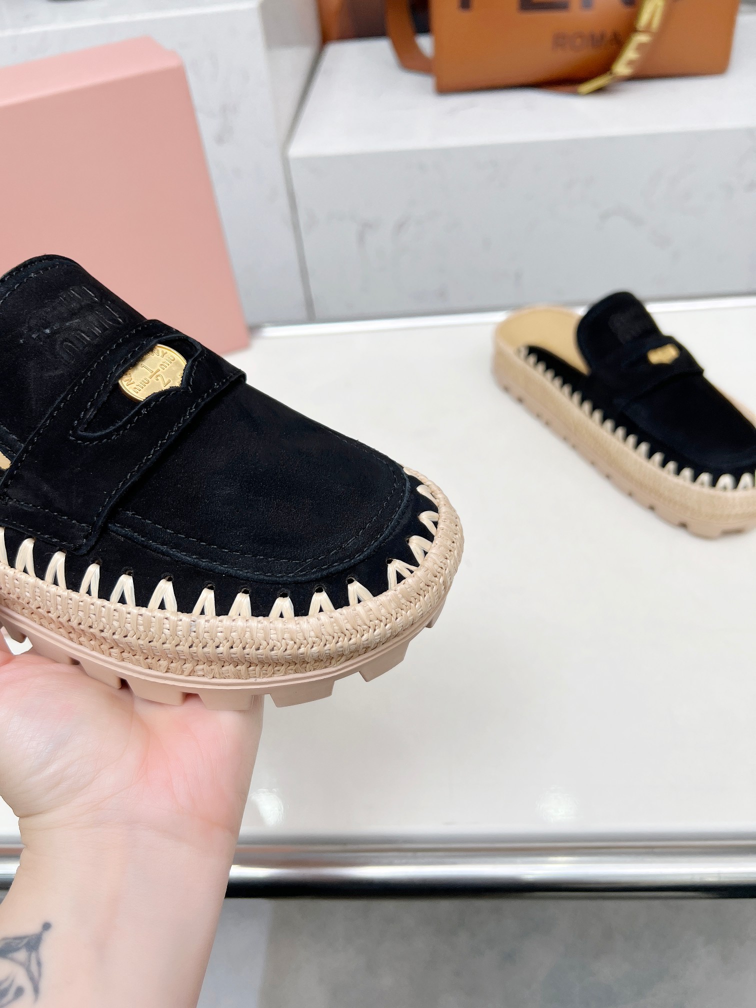 Miu Miu 2025 Spring Black Suede & Woven Mules with Logo Buckle Detail 4 a1741962170072 7083