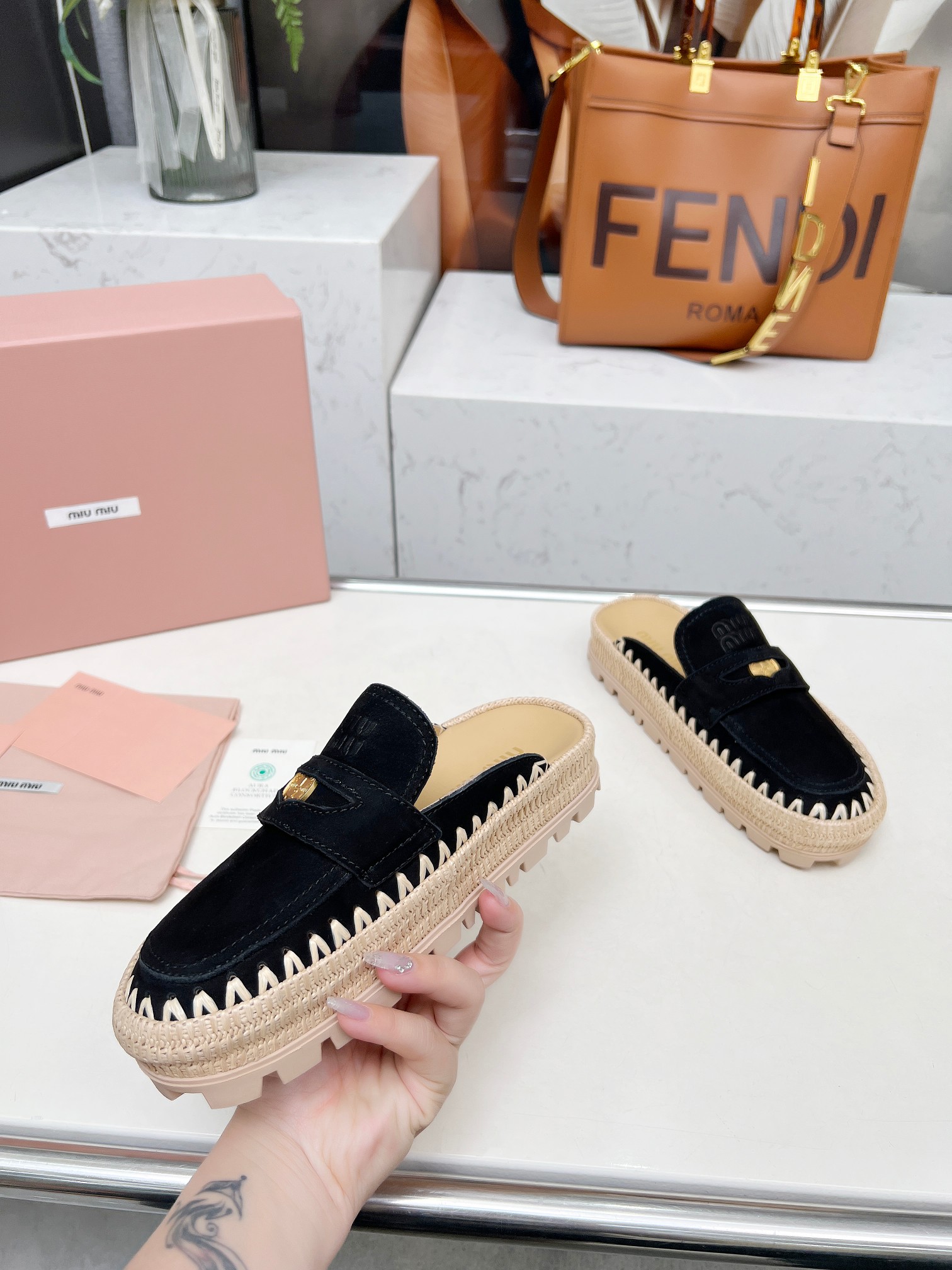 Miu Miu 2025 Spring Black Suede & Woven Mules with Logo Buckle Detail 6 a1741962170345 5383