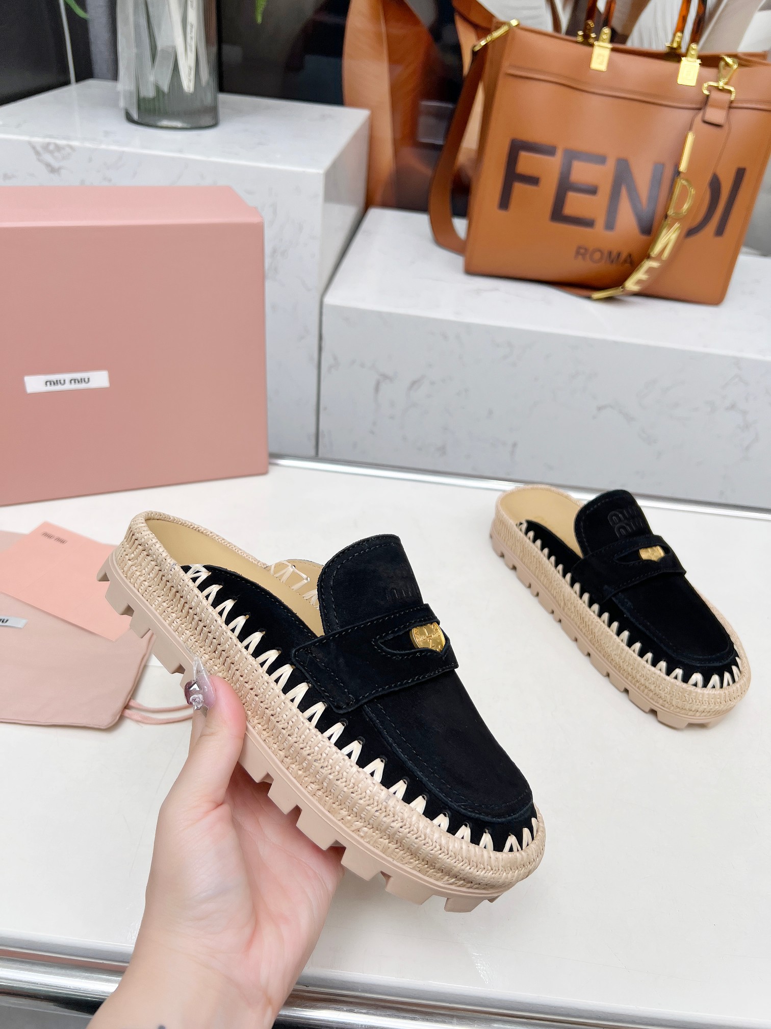 Miu Miu 2025 Spring Black Suede & Woven Mules with Logo Buckle Detail 3 a1741962170647 4383