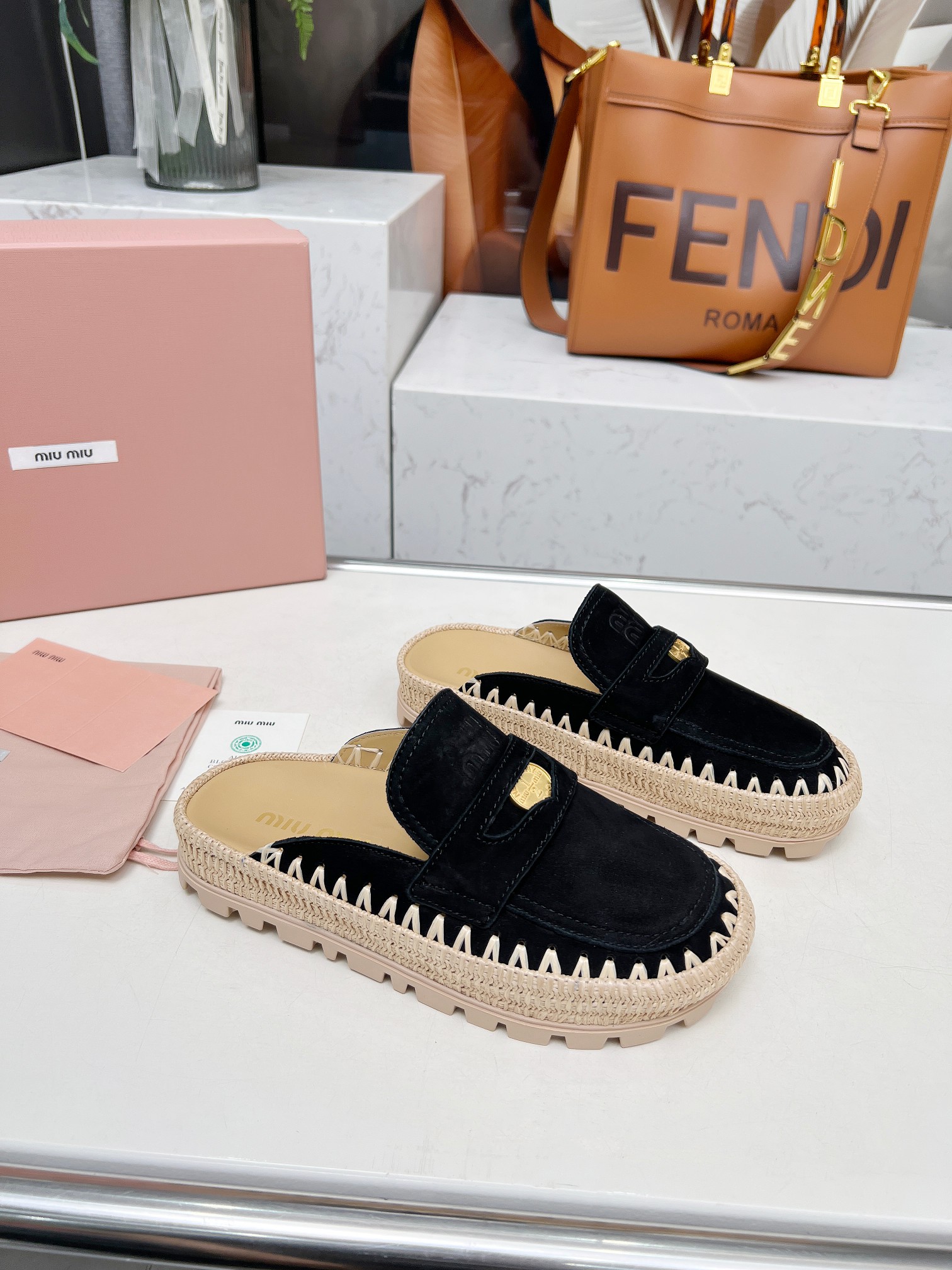 Miu Miu 2025 Spring Black Suede & Woven Mules with Logo Buckle Detail