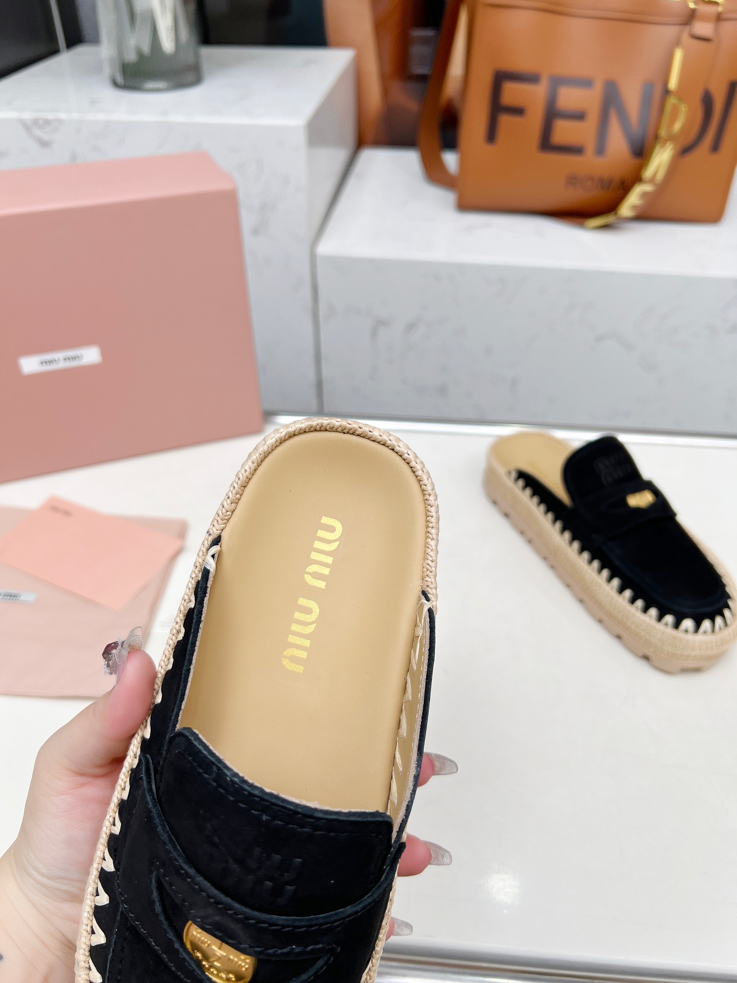 Miu Miu 2025 Spring Black Suede & Woven Mules with Logo Buckle Detail 5 a1741962170906 8647