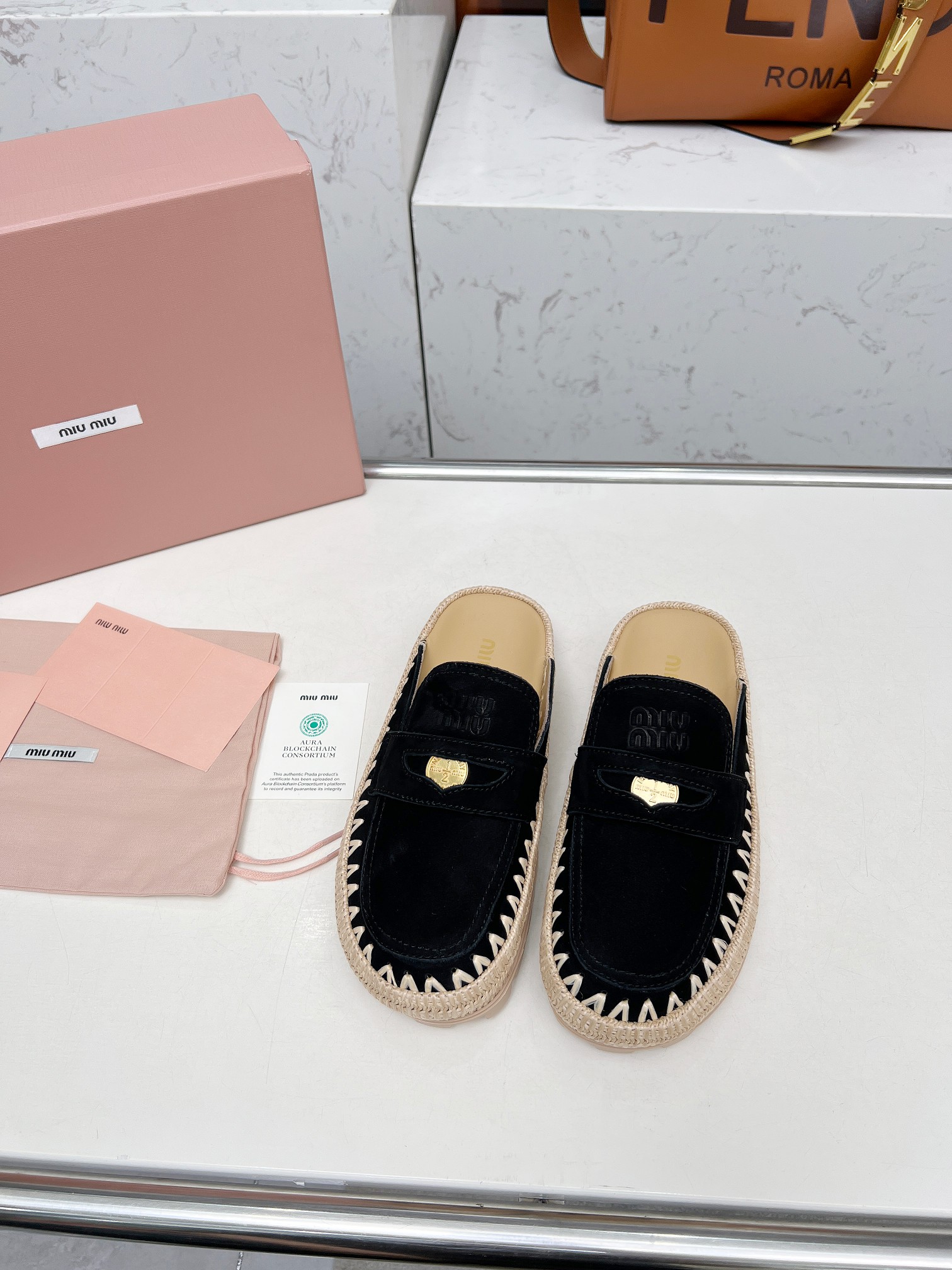 Miu Miu 2025 Spring Black Suede & Woven Mules with Logo Buckle Detail 8 a1741962172253 5547