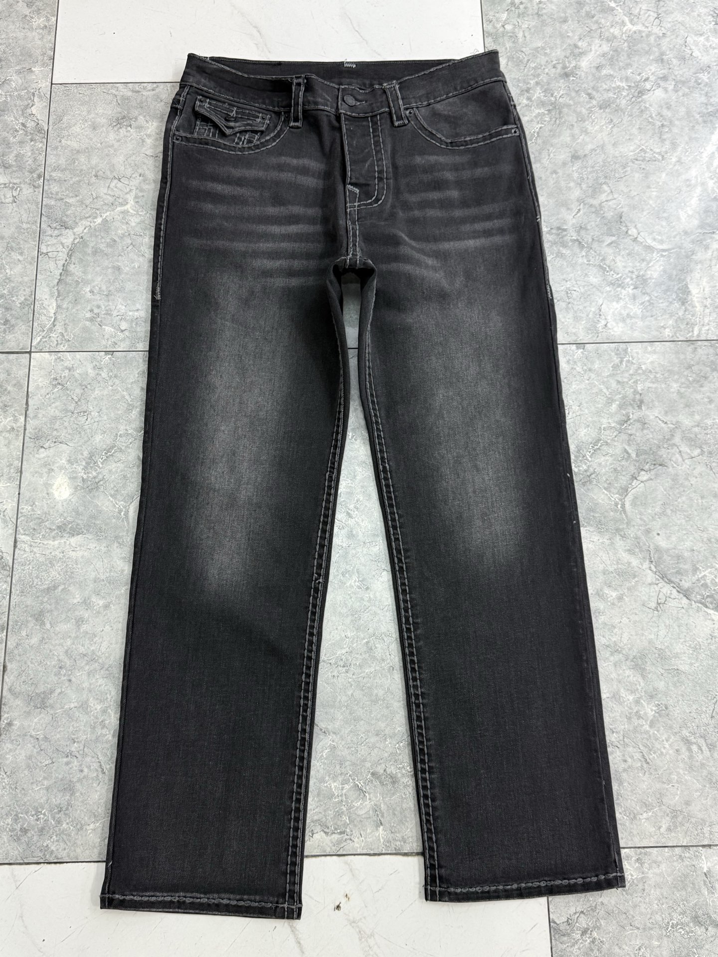 True Religion Men's Straight Leg Jeans Distressed Black with White Stitching 1 i1752314606173 1487 0 0
