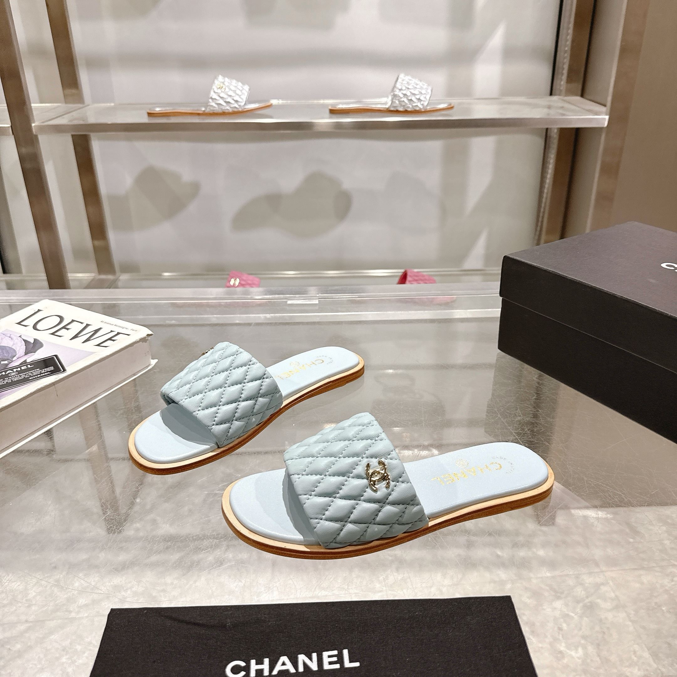 Chanel Women's Quilted Lambskin Leather Heeled Slide Sandals, Blue 5 a1745128013770 6460