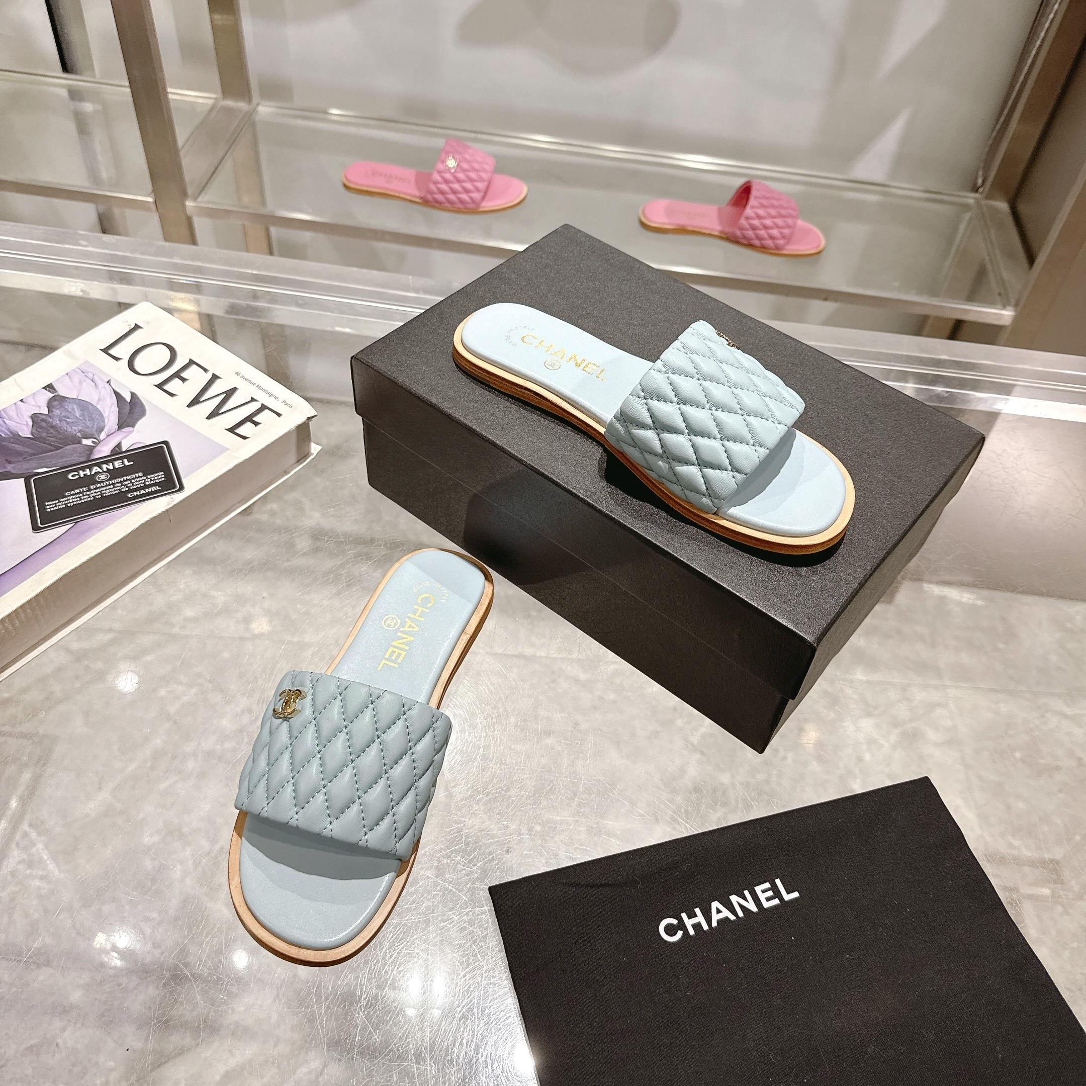 Chanel Women's Quilted Lambskin Leather Heeled Slide Sandals, Blue 7 a1745128013794 0845