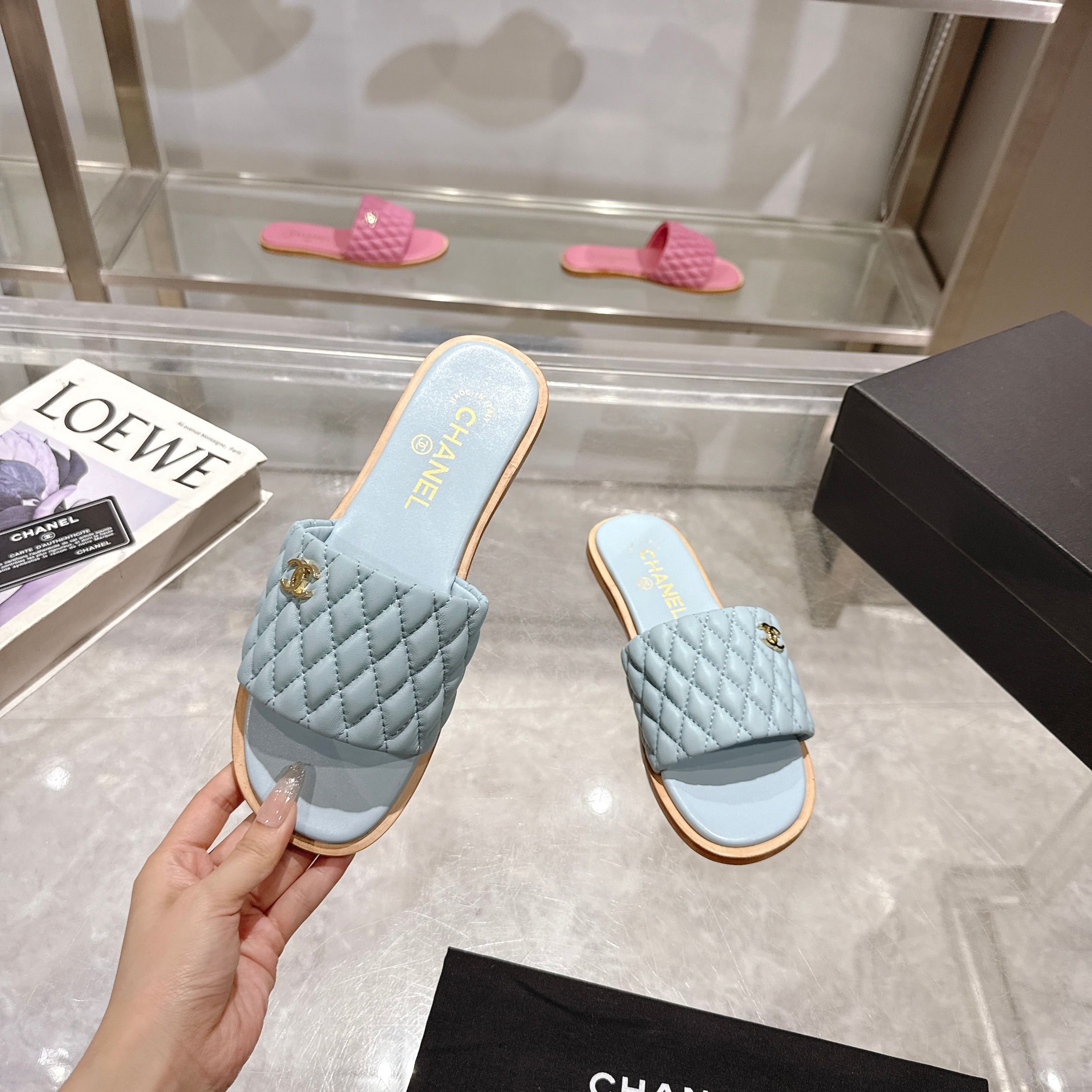 Chanel Women's Quilted Lambskin Leather Heeled Slide Sandals, Blue 2 a1745128013890 7031