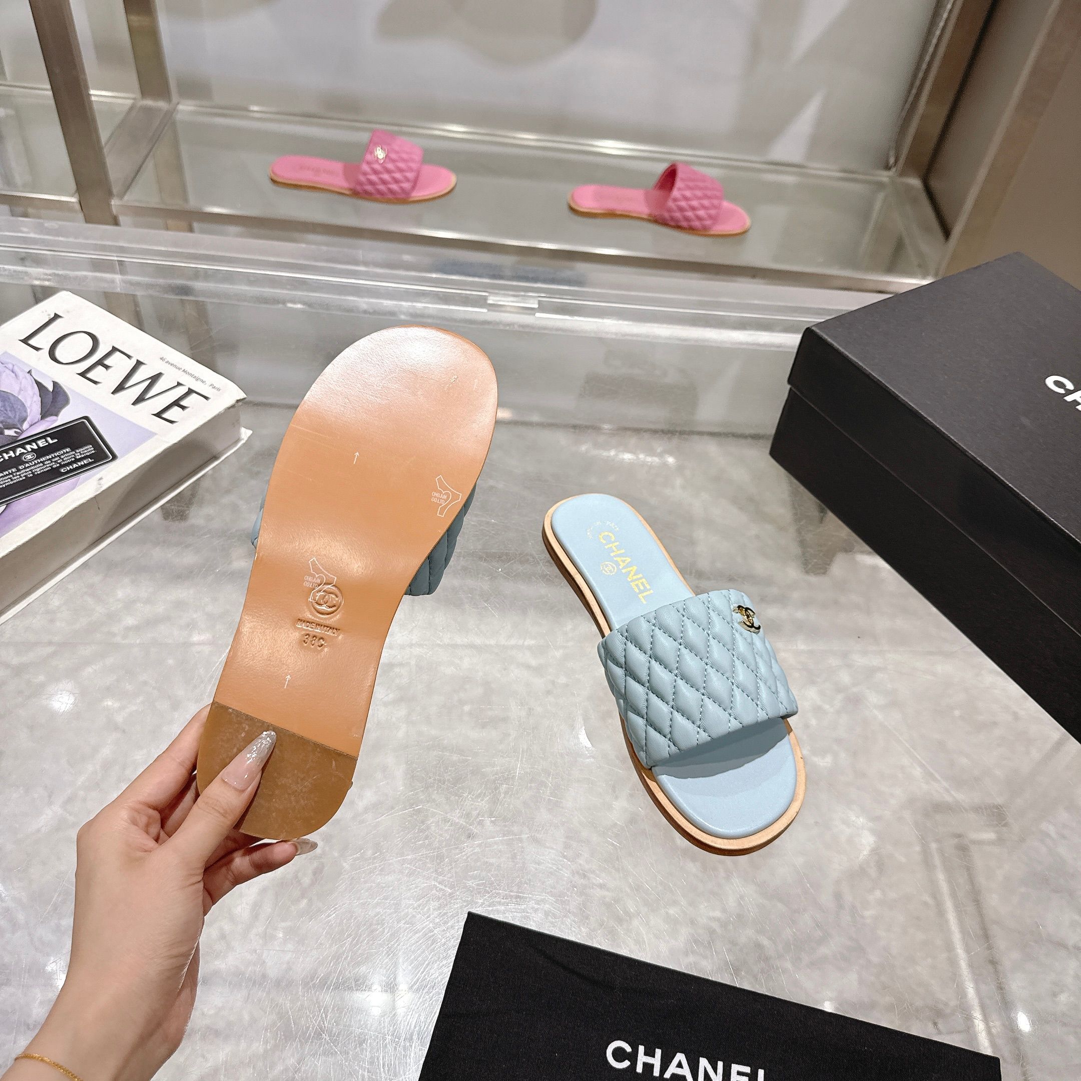 Chanel Women's Quilted Lambskin Leather Heeled Slide Sandals, Blue 10 a1745128015577 0607