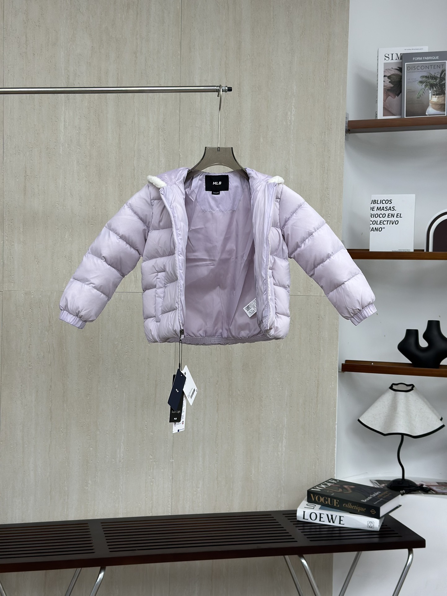 MLB 香芋紫 儿童字母标志羊羔毛连帽长袖羽绒服童装