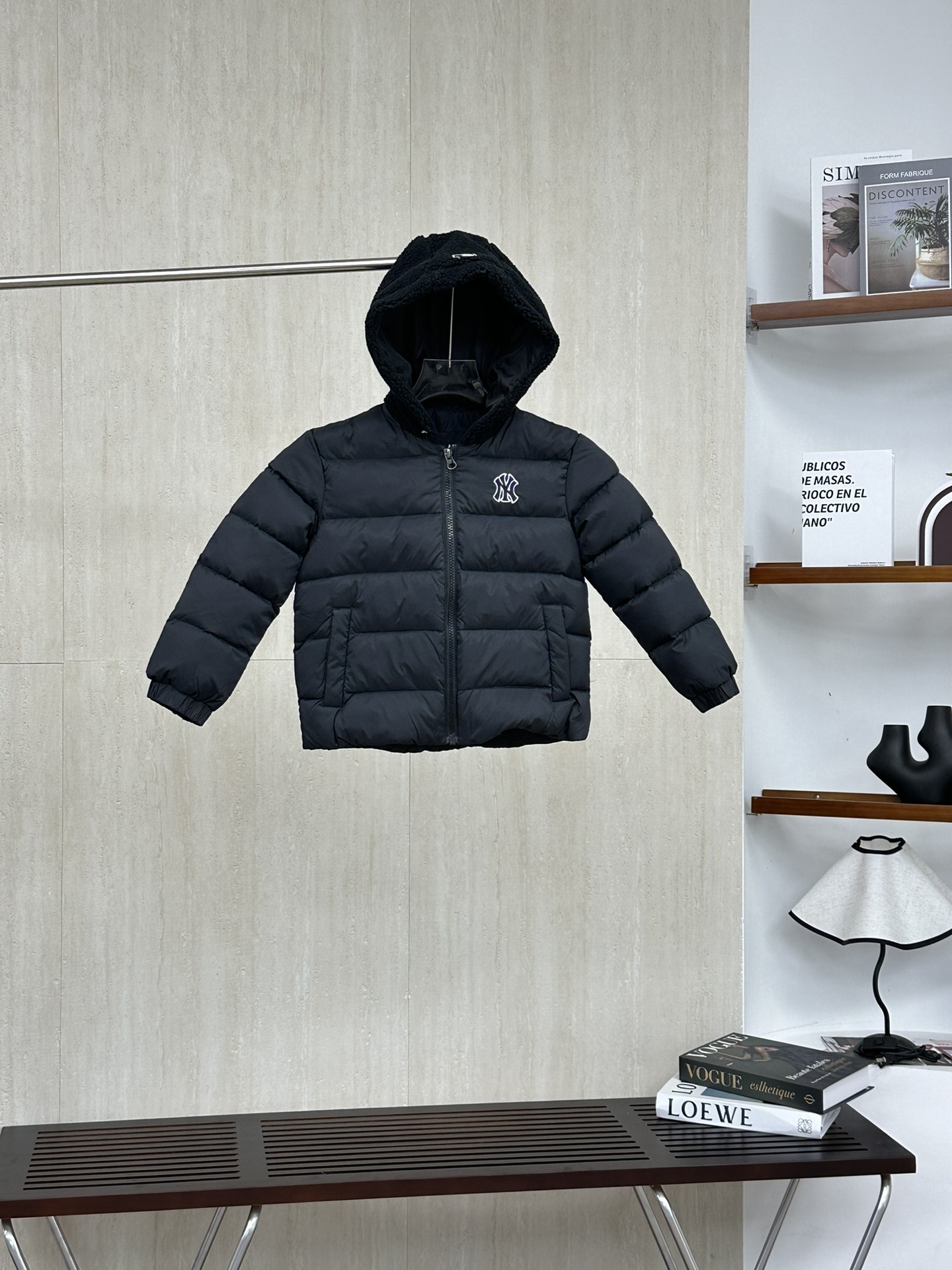 MLB 酷黑色 儿童字母标志羊羔毛连帽长袖羽绒服童装