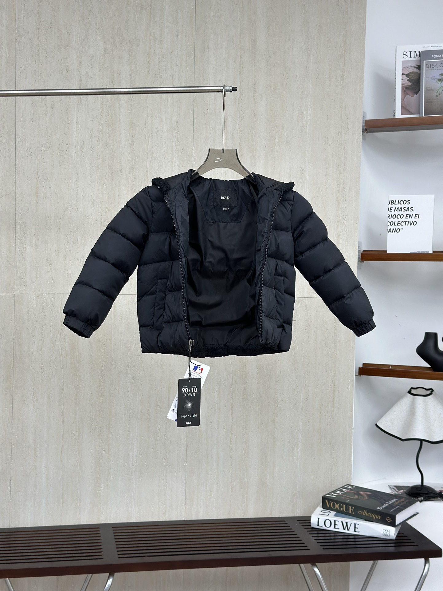 MLB 酷黑色 儿童字母标志羊羔毛连帽长袖羽绒服童装