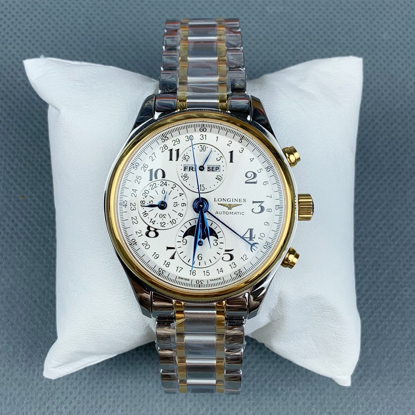 NO:641343,Gs Longines eight-hand moon phase gold steel band, longines19860909Gs 浪琴八针月相 间金钢带,,longines,Watch