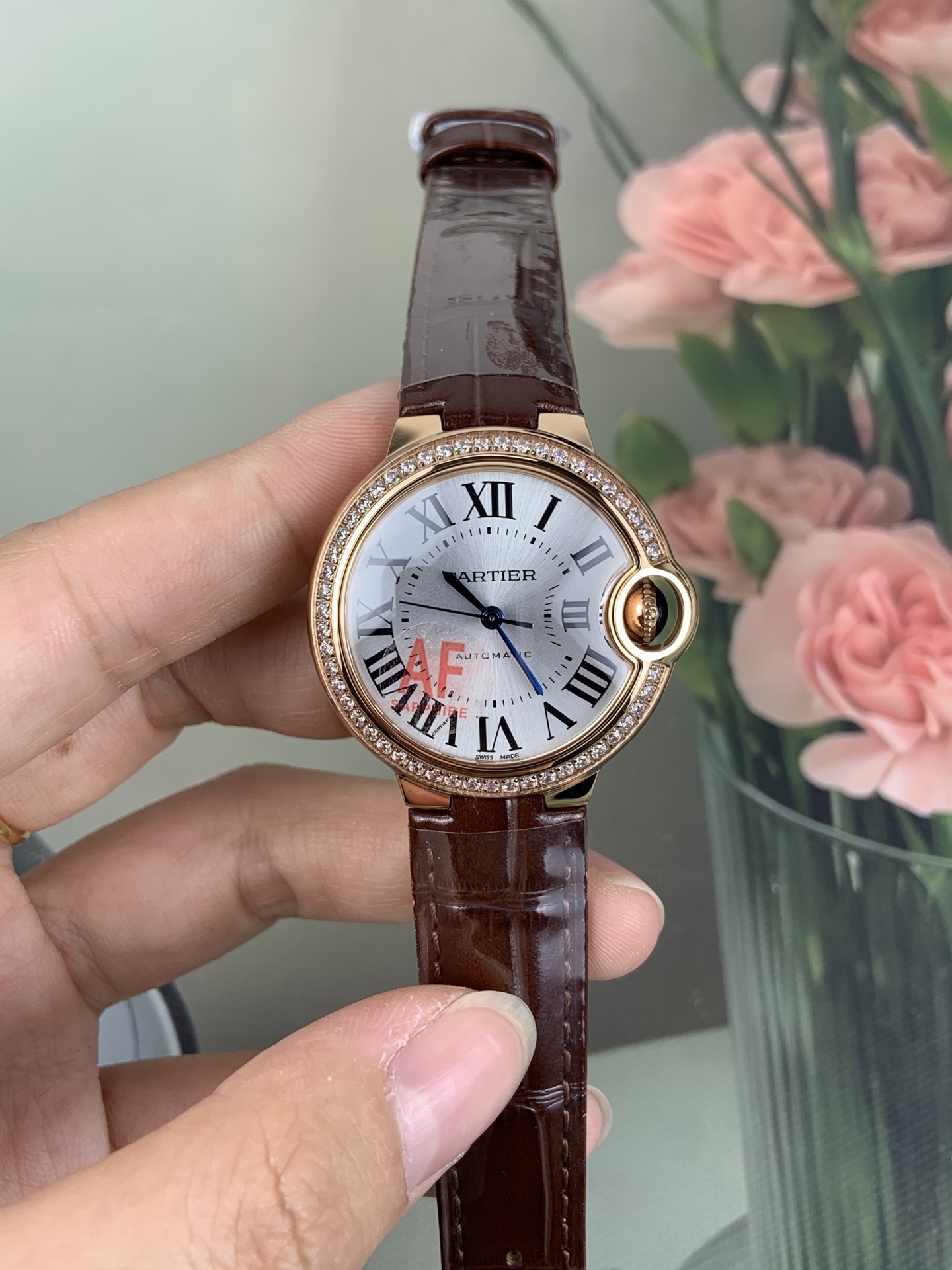 NO:728267,AF blue balloon/mechanical model/33mm/rose gold diamond ring brown leather,19860909AF 蓝气球/机械款/33mm/玫金色 钻圈 棕皮,,Watch