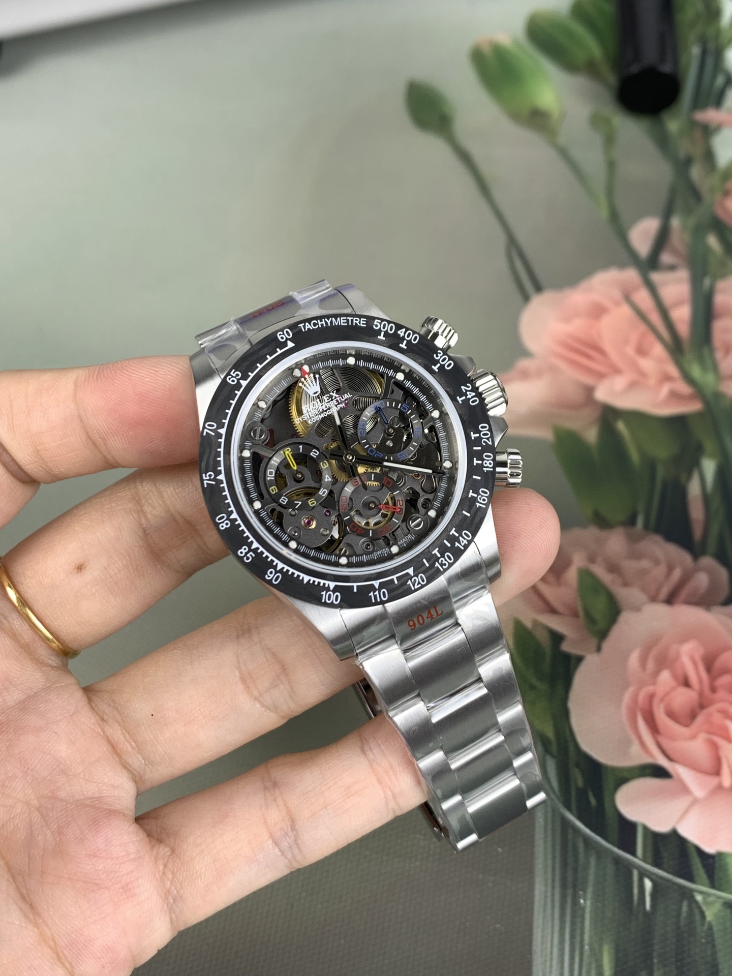NO:741879,Skeleton Daytona, machined carbon fiber ring,19860909镂空迪通拿,机 碳纤维圈口,,Watch