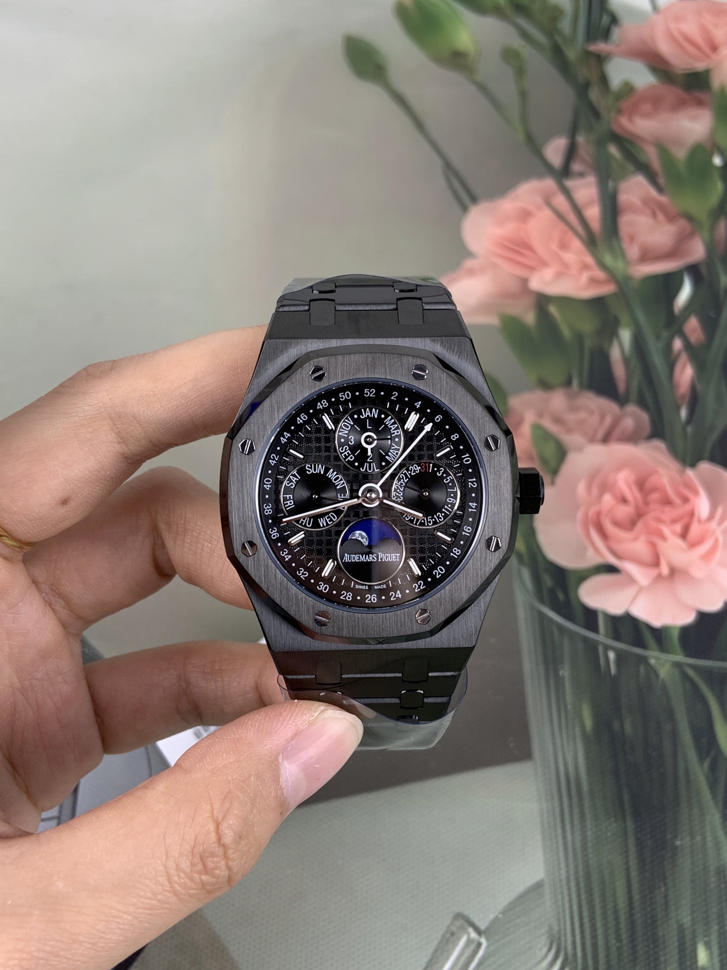 NO:741918,BBS black ceramic 26579 true moon phase Royal Oak/41mm/5134 machine,19860909BBS 黑陶瓷 26579真月相 皇家橡树/41mm/5134机,,Watch