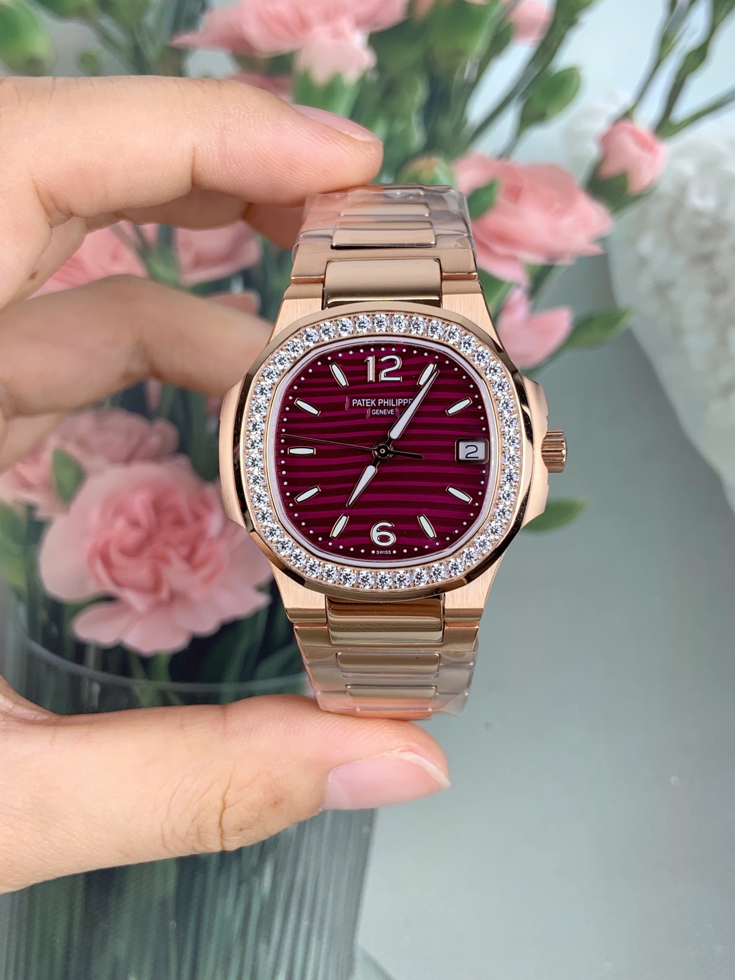 NO:821690,GR Nautilus series/Rose gold with diamond ring/Quartz/One watch and two straps,19860909GR 鹦鹉螺系列/钻圈玫金/石英/一表两带,,Watch