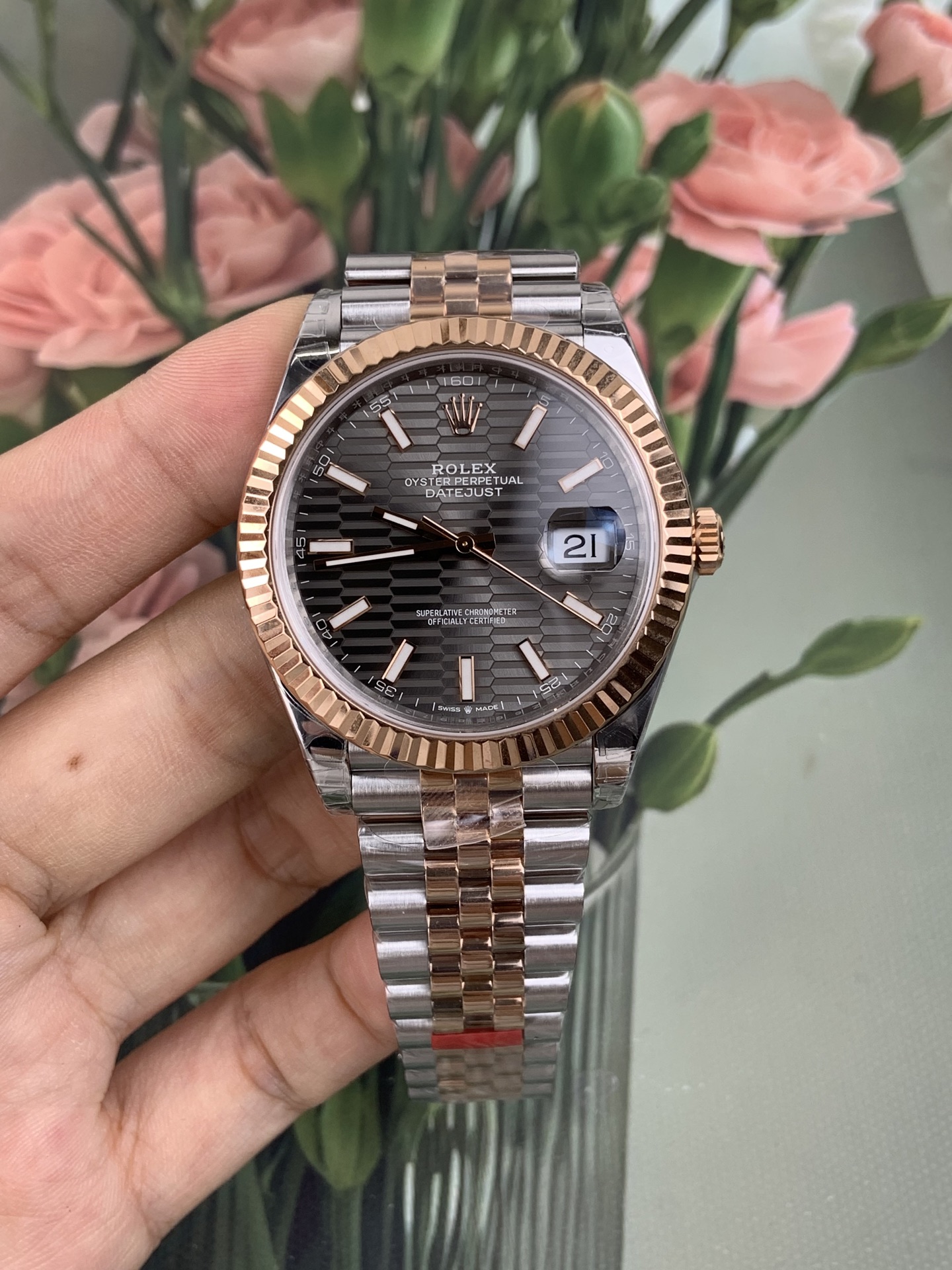 NO:821808,VS rose gold log/41mm/grid plate,19860909VS 玫间金日志/41mm/格盘,,Watch