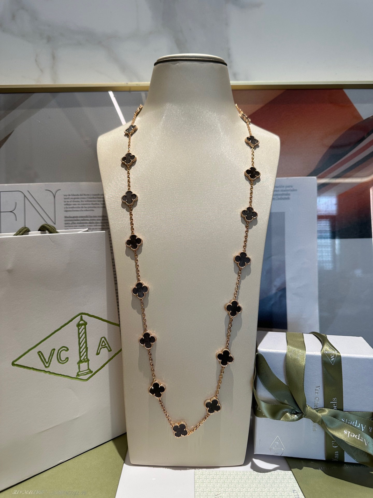 VCA Silver Obsidian LONG NECKLACE 20 MOTIFS ROSE GOLD