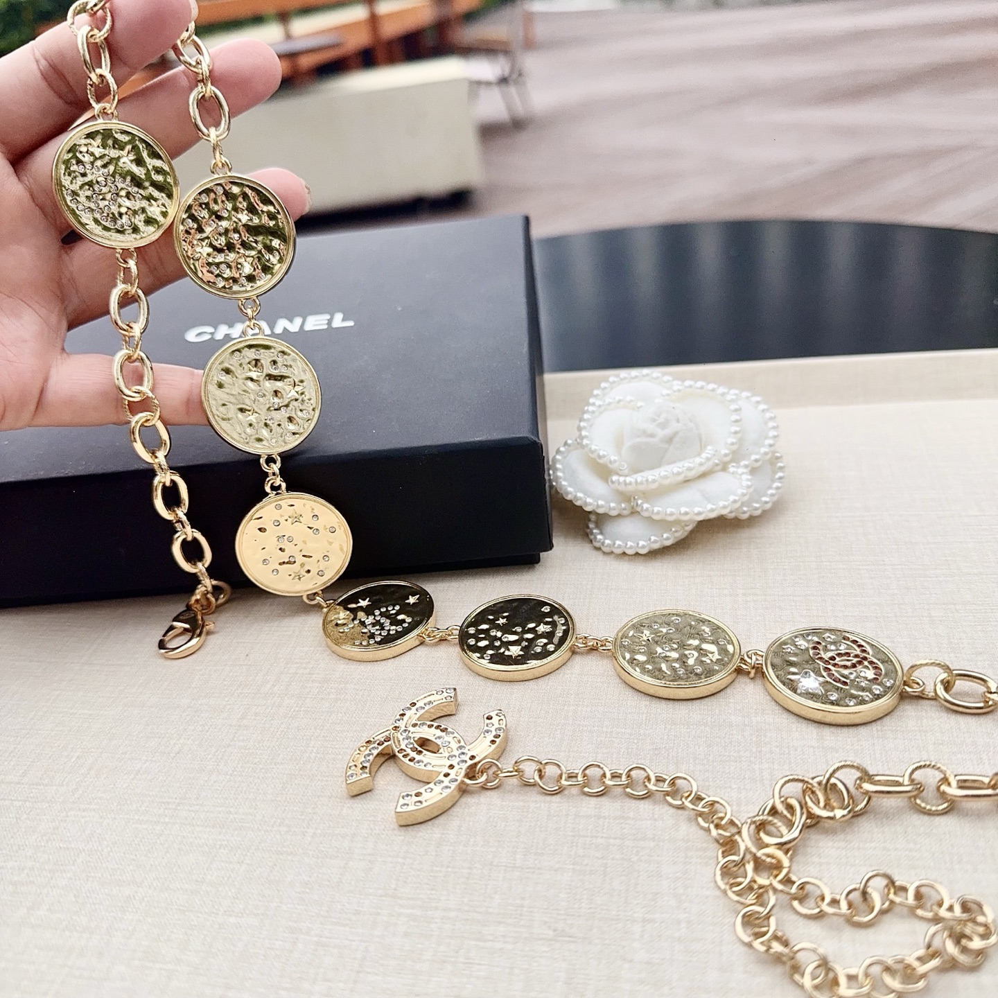 💥💥💥CHANEL 香奈儿、纯铜手工双面镶钻腰链、经典优雅、时尚百搭，长度：均码，
