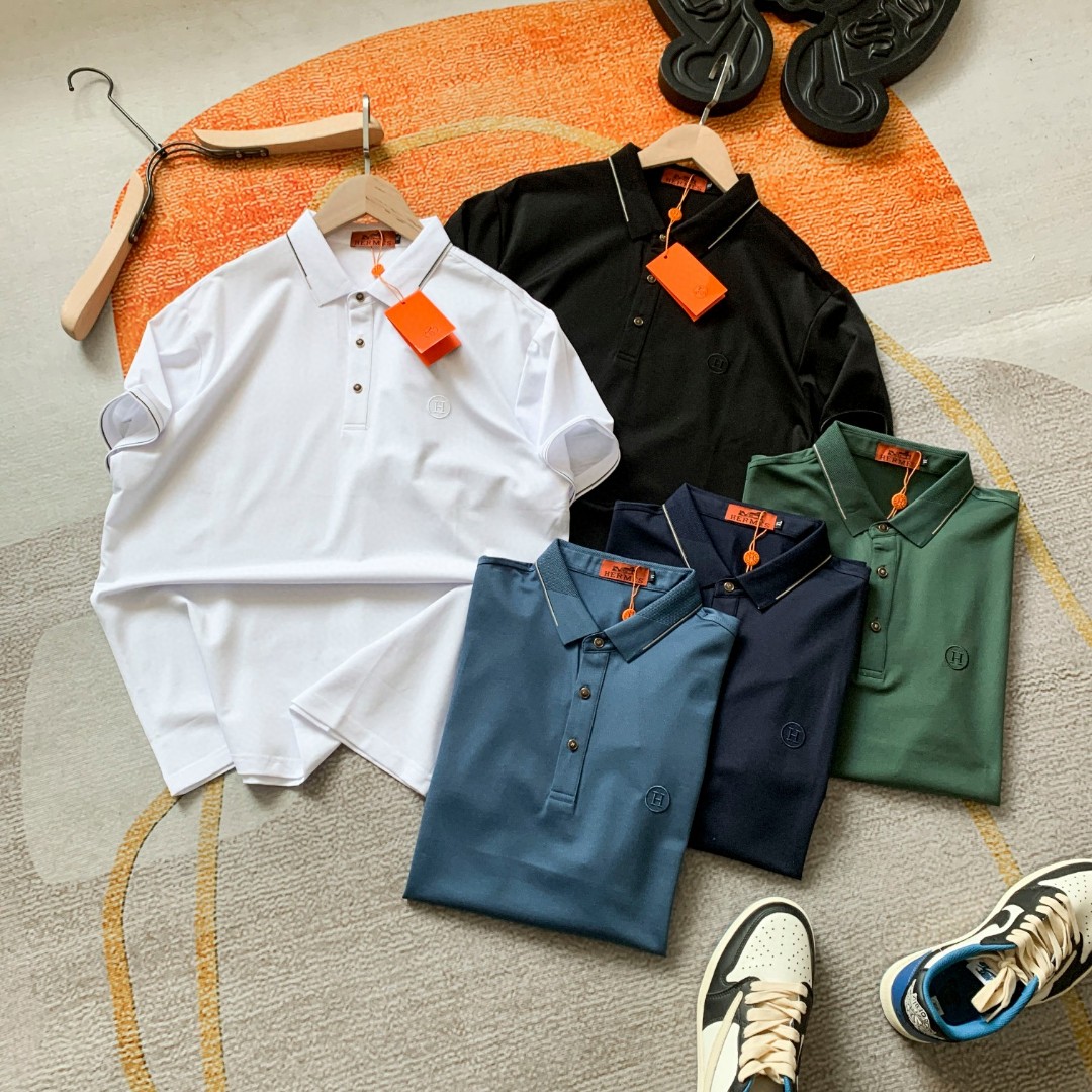 Hermes Kleding Polo T-Shirt Zwart Blauw Donkergroen Groen Wit Borduurwerk Unisex Mannen gekamd katoen Katoen Zomercollectie Korte mouw