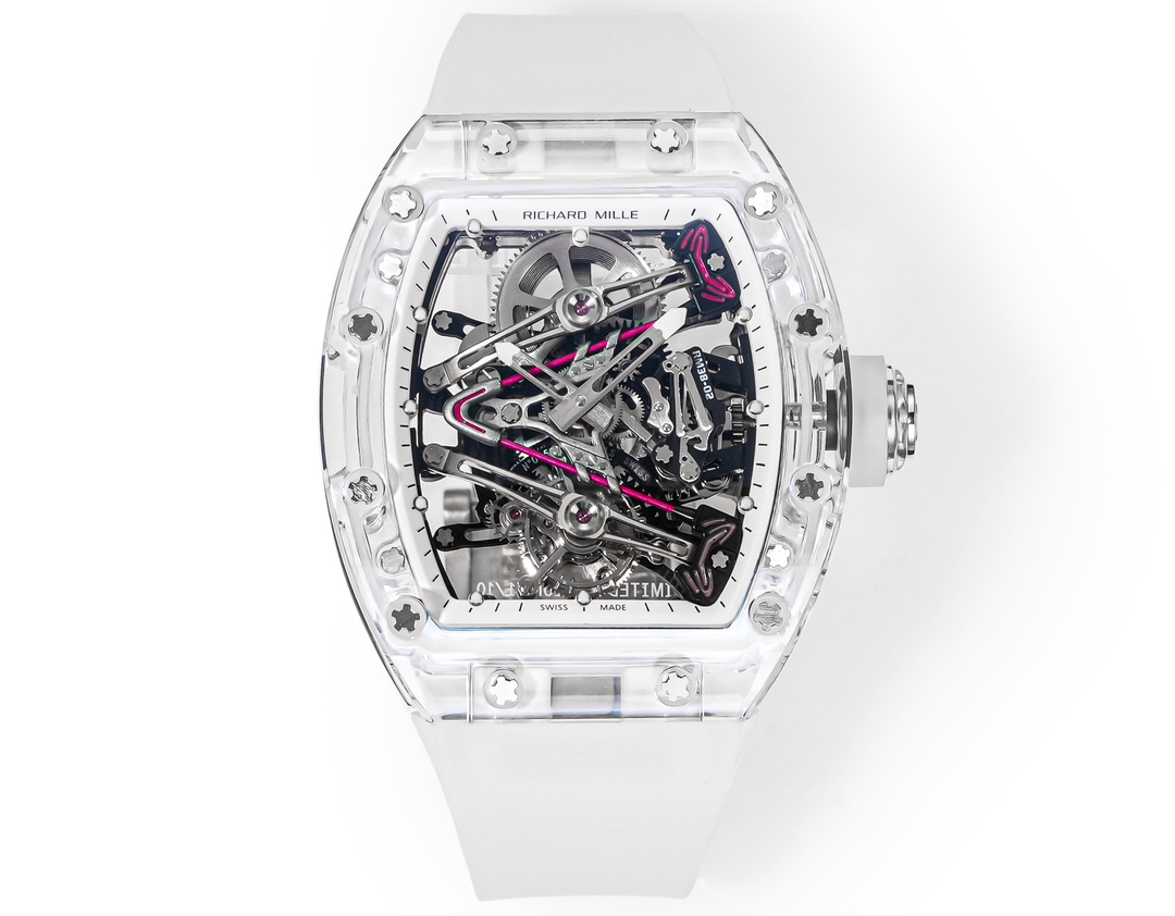 NO:765725,RM 'Crystal' RICHARD MILLE Richard Mille RM3 launches the RM 38-02 Crystal Pink Theme Skeleton Tourbillon Watch. The new work with eye-catching style - 'RM 38-02 Tourbillon Bubba Watson' tourbillon watch is designed in collaboration with professional golfer Bubba Watson. The unique pink color comes from the golf star's favorite PING No. 1 club. The style is particularly bright and makes people feel happy.  The new bezel and bottom cover are made of crystal material, while the middle case is made of artificial crystal material. Each case is truly noble, crystal clear, pure and transparent, and the flow of light and shadow shows its personality. The crystal case is fully open to appreciate the complete operation of the movement. The hollow bridge outlines a horizontal 'V' shape on the dial, and the pink hand-painted pattern is from Bubba Watson.  The club head used. The transparent shell fully shows the beauty of the machine. It is equipped with RM 38-02 manual winding movement, swinging at 28800vph, providing 52 hours of power reserve. This movement uses carbon fiber to make a hollow bottom plate, which has excellent shock-proof performance. The bridge plate is still made of solid grade 5 titanium metal, and the small holes on the back are also decorated with pink elements. S1 exquisitely recommends men's true flywheel mechanical watches.19860909RM 『水晶』RICHARD MILLE 理查米尔 理查德 米勒 RM3 推出 RM 38-02 水晶 粉色主题镂空陀飞轮腕表 风格醒目的新作——「RM 38-02 Tourbillon Bubba Watson」陀飞轮腕表与高尔夫职业球手 Bubba Watson 合作设计,独特的粉红色来自这位高尔夫名将钟爱的 PING 一号球杆,风格尤为明快,让人心生愉悦. 新作表圈和底盖采用水晶材料加工而成,中层表壳则以人造晶体材料制成,每一个表壳都真的贵气十足,晶莹剔透、纯净通透,光影流转个性尽显. 水晶壳套能度全开放式欣赏机芯的完整运转,镂空桥板在表盘中勾勒出横向的「V」字形,粉色手绘图案则来自 Bubba Watson 使用的球杆杆头.通透的壳套将机械之美展现得淋漓尽致. 搭载 RM 38-02 手动上链机芯,摆频28800vph,提供52小时动力储备.这枚机芯采用碳纤维制作镂空底板,具备优异的防震性能.桥板依然为坚固的 5级钛金属材质,背面的小孔亦融入粉色元素装饰.S1精致推荐男士真飞轮机械腕表,,Watch