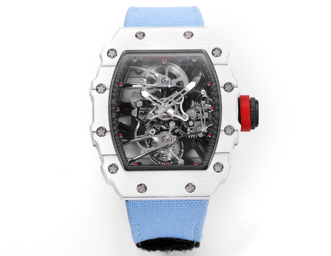 NO:741767,RM [RICHARD MILLE] Richard Mille RM27-02 is a sports tourbillon watch. It not only adopts an ultra-light case, but also has super stability to withstand the huge acceleration at the moment of hitting the ball. It has a domineering and fashionable appearance, stylish and dynamic, innovative materials, classic smooth lines, and complex tourbillon technology. RM27-02 RICHARD MILLE  Inspired by the racing chassis, the hollow main plate of the movement and the case are 'integrated' in design, thereby greatly improving the impact resistance. In order to make the watch lighter, Richard Mille uses carbon fiber ultra-light material to make the case. The entire watch weighs as much as paper and presents a rough texture like Damascus steel.  The structure of the entire movement can be clearly seen through the basket-jet mirror. The bottom plate of the movement is made of carbon fiber material. The bottom plate of the movement and the case are integrated into one. There is a floating tourbillon at 6 o'clock, and Richard Mille's unique fast-rotating barrel at 12 o'clock. It can provide up to 52 hours of power storage and increase the kinetic energy efficiency by 20 when initially winding.  The black carbon bezel is fixed to the case through 12 grade 5 titanium screws, with a red strap and a red crown. In order to improve readability, the ends of the hour and minute hands are also highlighted with bright luminous white. RM 27-02 watch  Full carbon fiber case, sapphire crystal, carbon fiber movement base plate, floating tourbillon movement, 19 stones, power reserve 52 hours, rubber or woven strap, titanium alloy buckle, waterproof 50-meter true flywheel mechanical watch,,19860909RM【RICHARD MILLE】 理查德 米勒 RM27-02 是一枚运动型陀飞轮腕表,不仅采用超轻表壳,还拥有承受击球瞬间巨大加速度的超强稳定性.霸气时尚的外观,有型且极具动感,材料创新,经典流畅线条,加之复杂的陀飞轮工艺.RM27-02 RICHARD MILLE 从赛车底盘中得到启发,将机芯的的镂空主夹板和表壳进行「一体化」设计,从而大幅提高抗冲击能力.为了让腕表更轻盈,Richard Mille 使用碳纤维超轻材料来制作表壳,整枚表的重量犹如簿纸,并呈现大马士革钢一样的粗犷纹理. 透过篮宝石表镜可以清晰看到整枚机芯的结构,机芯底板为碳纤维材料,机芯底板与表壳合而为一,6点为浮动式陀飞轮,12点为 Richard Mille 独有的快速旋转发条盒,可以提供长达52小时动力存储,并在最起始上链时提高20动能效率. 黑色碳素表圈通过12颗五级钛螺丝与表壳固定,搭配红色的表带和红色表冠,为了提高阅读辨识性,时分针的末端也用明亮的带夜光的白色进行强调. RM 27-02 腕表 全碳纤维表壳,蓝宝石水晶表镜,碳纤维机芯底板,浮动式陀飞轮机芯,19石,动力存储52小时,橡胶或编织表带,钛合金表扣,防水50米真飞轮机械腕表,,,Watch