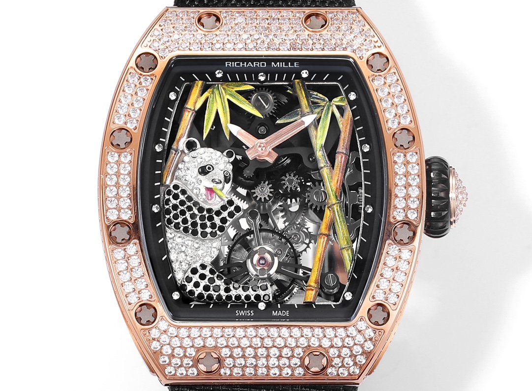 Richard Mille RM 26-01 Tourbillon Panda rose gold diamond-set case, black bezel, panda motif skeleton dial, black strap 40mm Unisex Mechanical