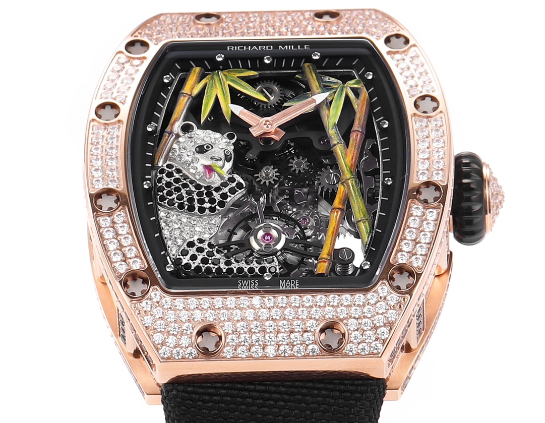Richard Mille RM 26-01 Tourbillon Panda rose gold diamond-set case, black bezel, panda motif skeleton dial, black strap 40mm Unisex Mechanical