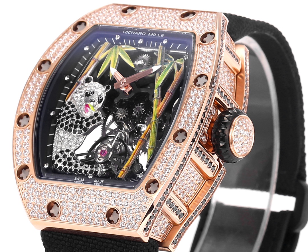 Richard Mille RM 26-01 Tourbillon Panda rose gold diamond-set case, black bezel, panda motif skeleton dial, black strap 40mm Unisex Mechanical