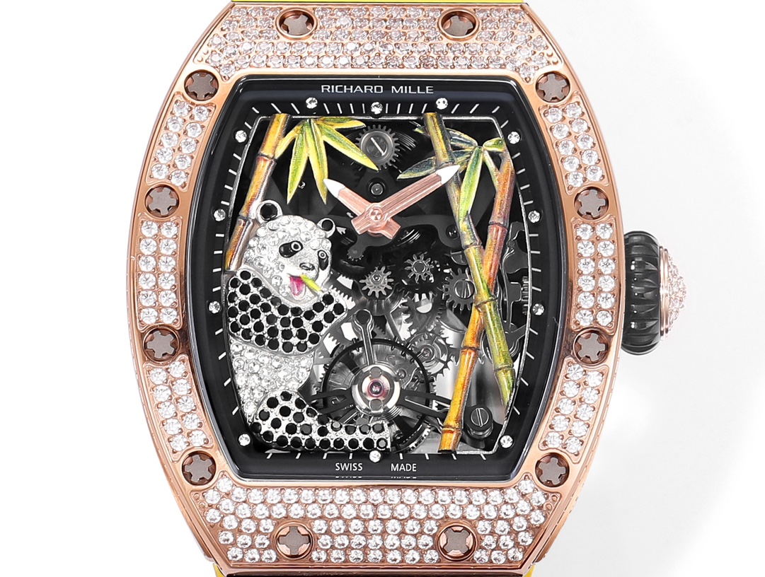 Richard Mille RM 26-01 Tourbillon Panda rose gold diamond-set case, black skeleton dial, yellow rubber strap 40mm Unisex Mechanical