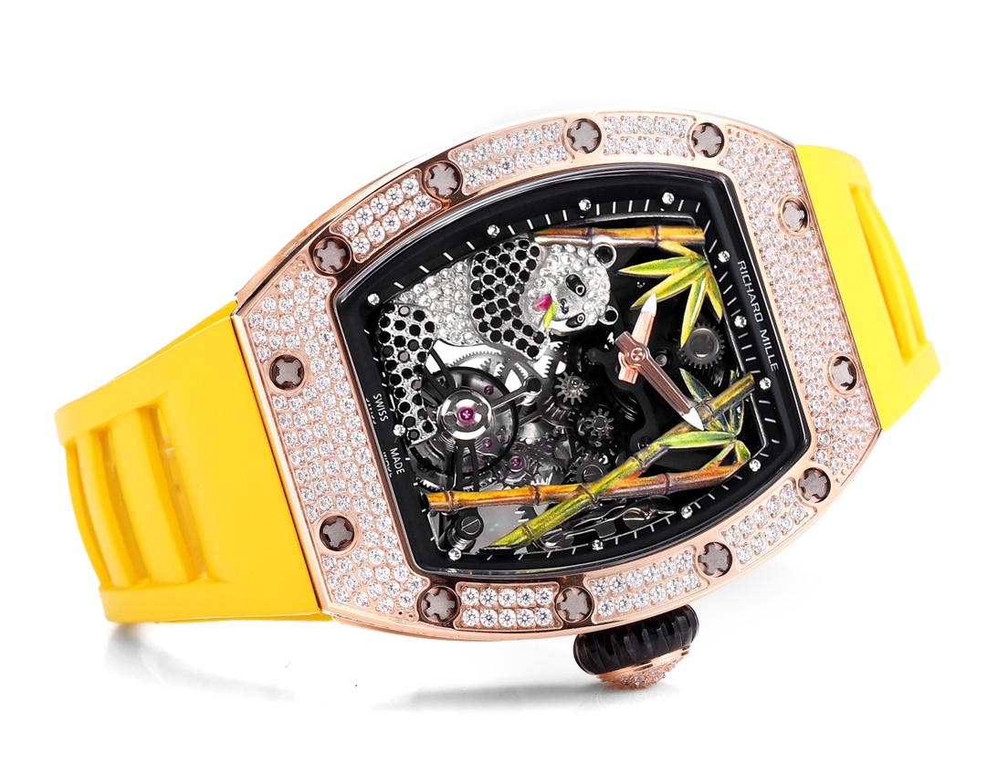 Richard Mille RM 26-01 Tourbillon Panda rose gold diamond-set case, black skeleton dial, yellow rubber strap 40mm Unisex Mechanical
