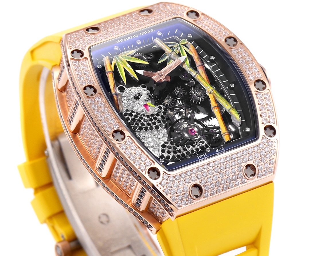 Richard Mille RM 26-01 Tourbillon Panda rose gold diamond-set case, black skeleton dial, yellow rubber strap 40mm Unisex Mechanical