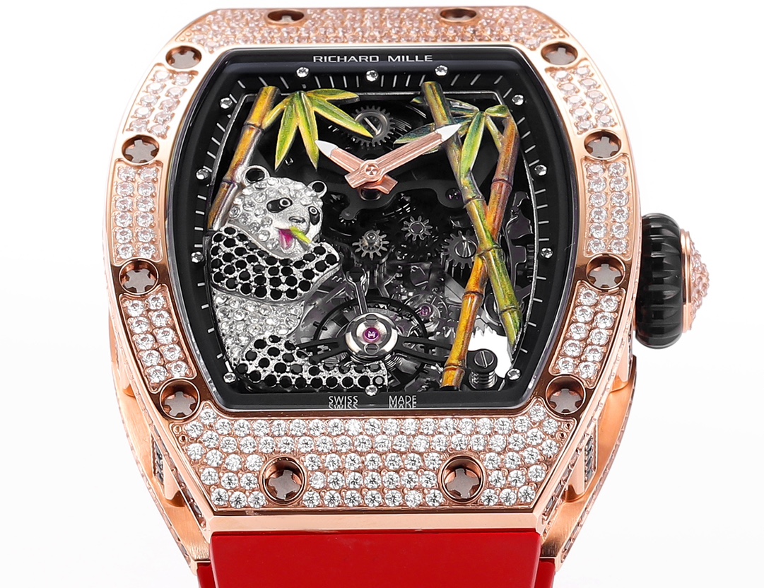 Richard Mille RM 26-01 Tourbillon Panda Caixa em ouro rosa com diamantes, mostrador preto, pulseira de borracha vermelha Turbilhão masculino de corda manual de 42,7 mm