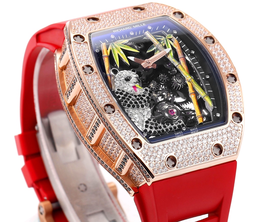 Richard Mille RM 26-01 Tourbillon Panda Caixa em ouro rosa com diamantes, mostrador preto, pulseira de borracha vermelha Turbilhão masculino de corda manual de 42,7 mm