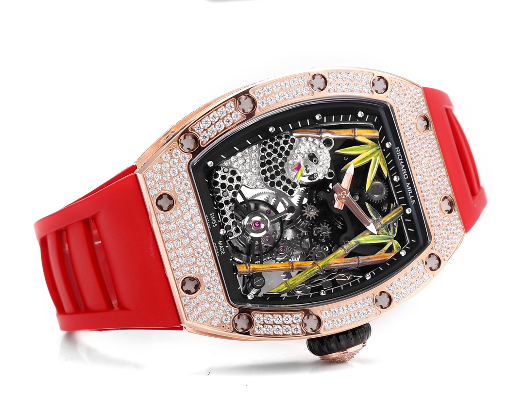 Richard Mille RM 26-01 Tourbillon Panda Caixa em ouro rosa com diamantes, mostrador preto, pulseira de borracha vermelha Turbilhão masculino de corda manual de 42,7 mm