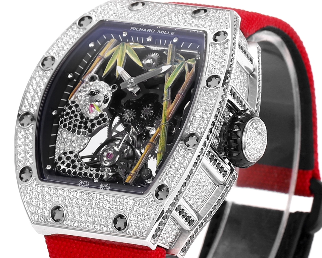 Richard Mille RM 26-01 Tourbillon Panda diamond-set white gold case, black dial, red fabric strap 50mm Unisex Manual Winding