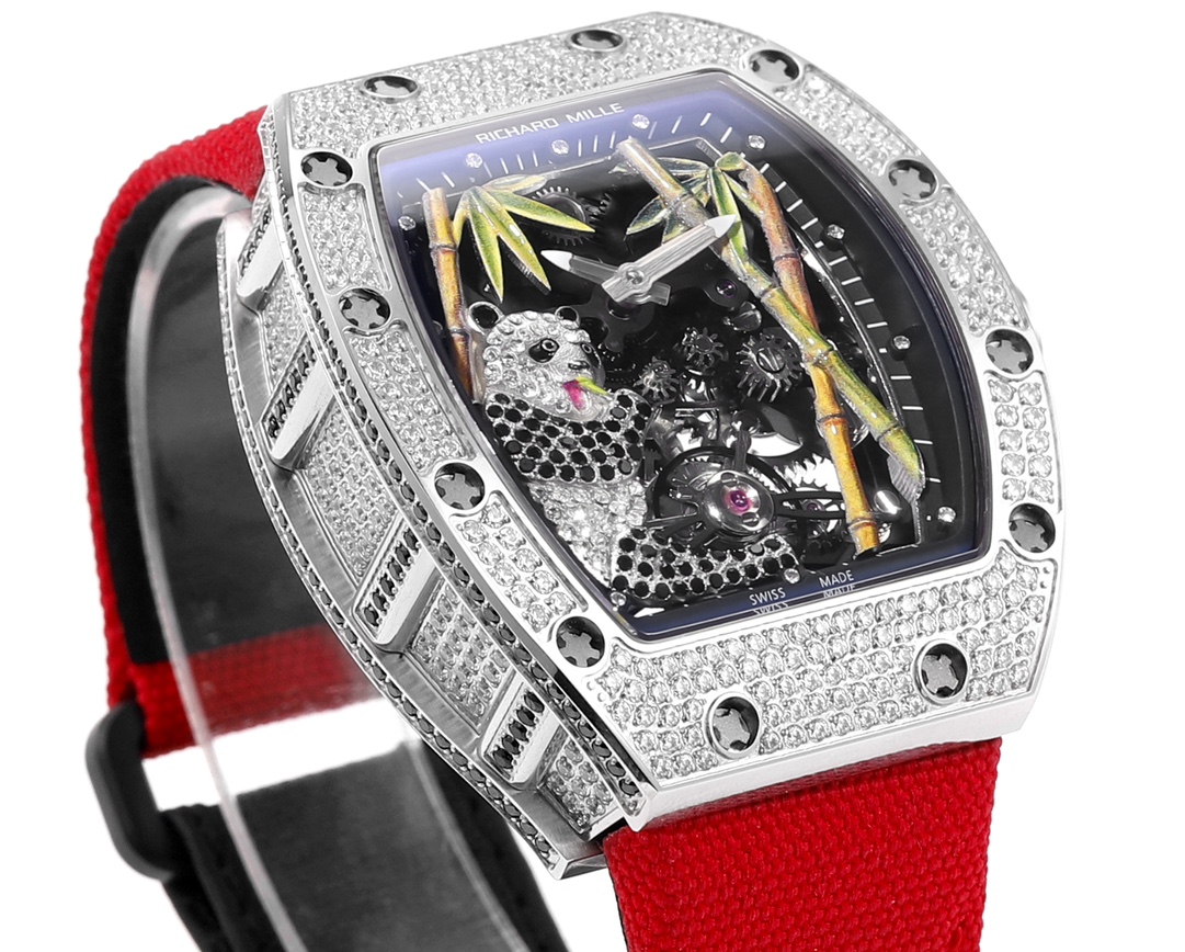 Richard Mille RM 26-01 Tourbillon Panda diamond-set white gold case, black dial, red fabric strap 50mm Unisex Manual Winding