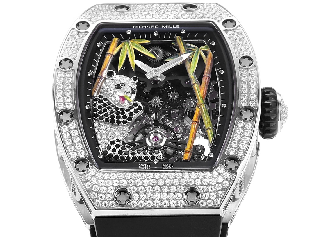 Richard Mille RM 26-01 Panda diamond-set white gold case, black bezel accents, black skeleton dial with panda motif, black rubber strap 40mm Unisex Mechanical