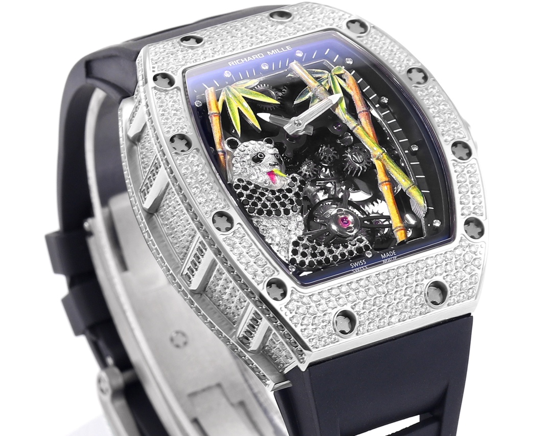 Richard Mille RM 26-01 Panda diamond-set white gold case, black bezel accents, black skeleton dial with panda motif, black rubber strap 40mm Unisex Mechanical